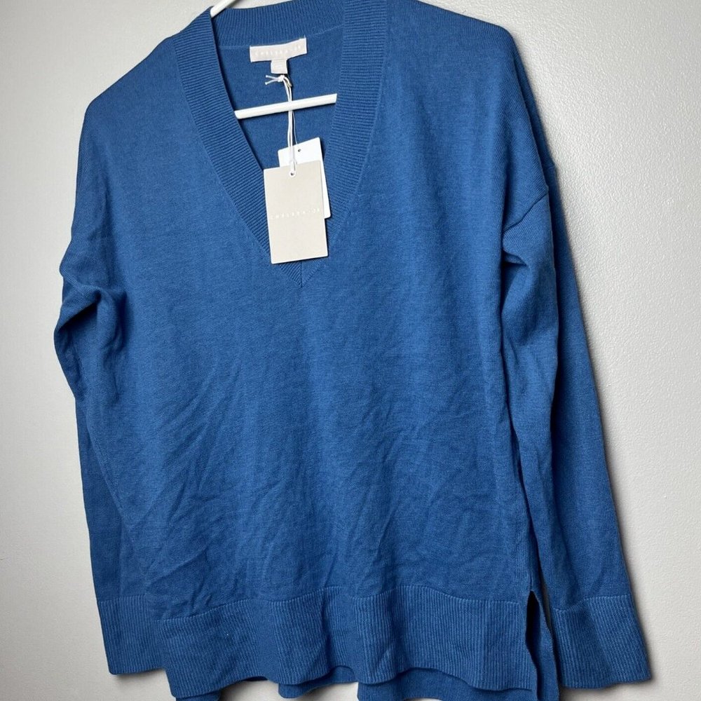Chelsea28 Sweater XS Blue Oversized V Neck Hi-Lo Split Side Cashmere Blend
